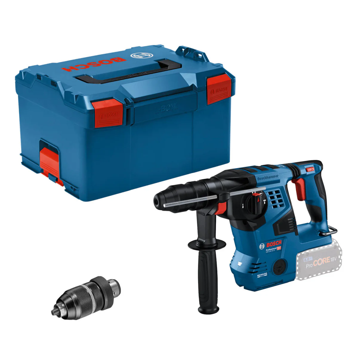 Акумулаторен перфоратор Bosch GBH 18V-28 CF, 3.3 J, със сменяем патронник SDS plus в L-BOXX 238, 2 x ProCORE18V 8.0Ah 0611921002