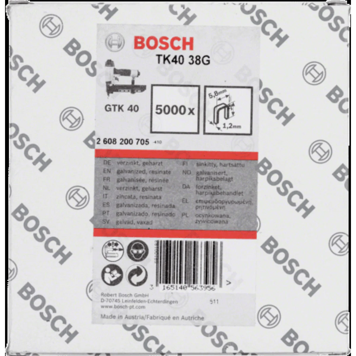 Скоби за такер Bosch TK40, 5.8х1.2х38 мм, 5000бр 2608200705