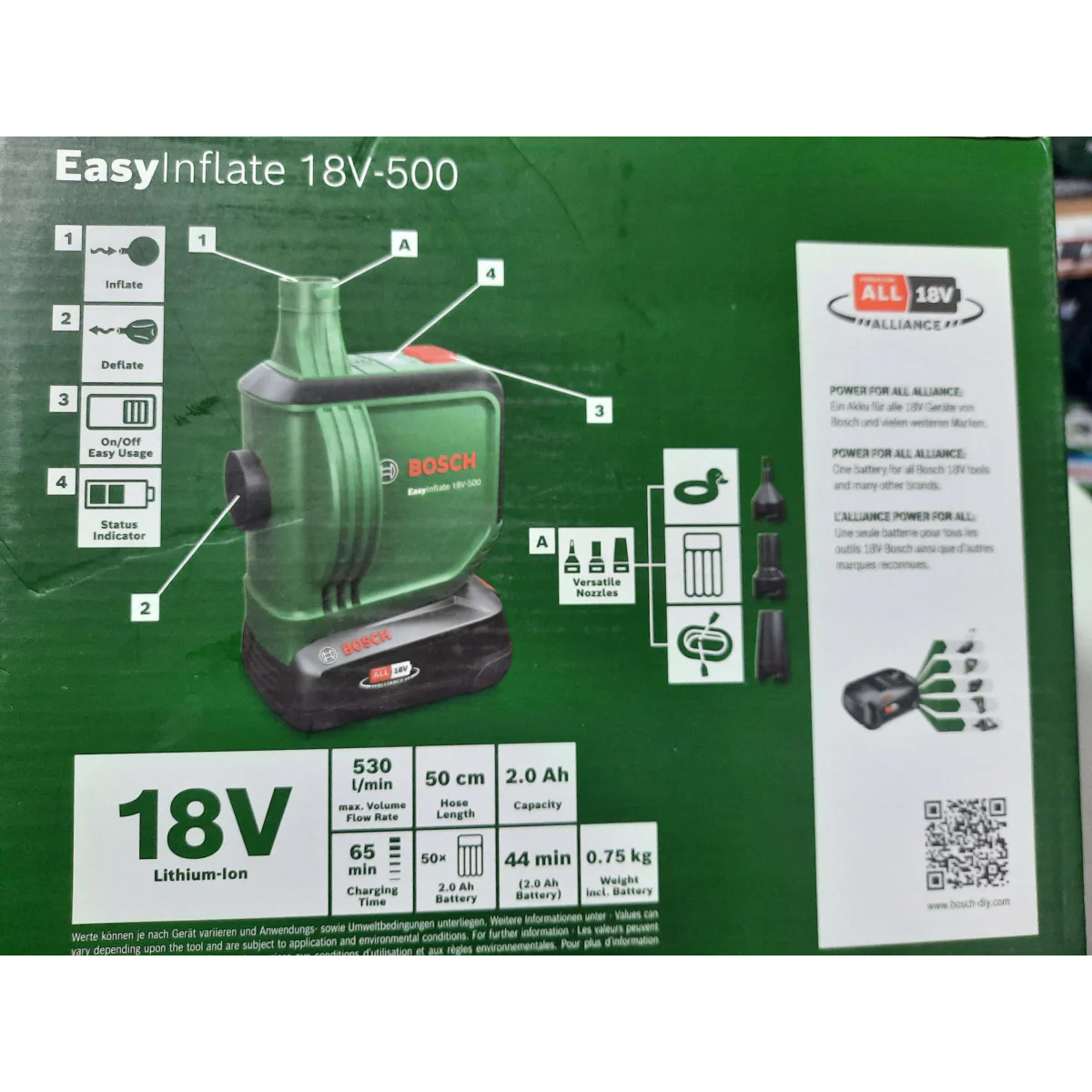Акумулаторна въздушна помпа EasyInflate 18V-500, 1 x батерия PBA 18V 2.0Ah 0603947201 Акумулаторна въздушна помпа EasyInflate 18V-500, 1 x батерия PBA 18V 2.0Ah 0603947201