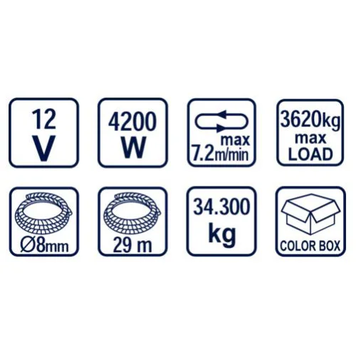 Автолебедка 12V 3628kg (8000 lbs) 3.4 kW с въже Ø8mm 29m RD-EW07