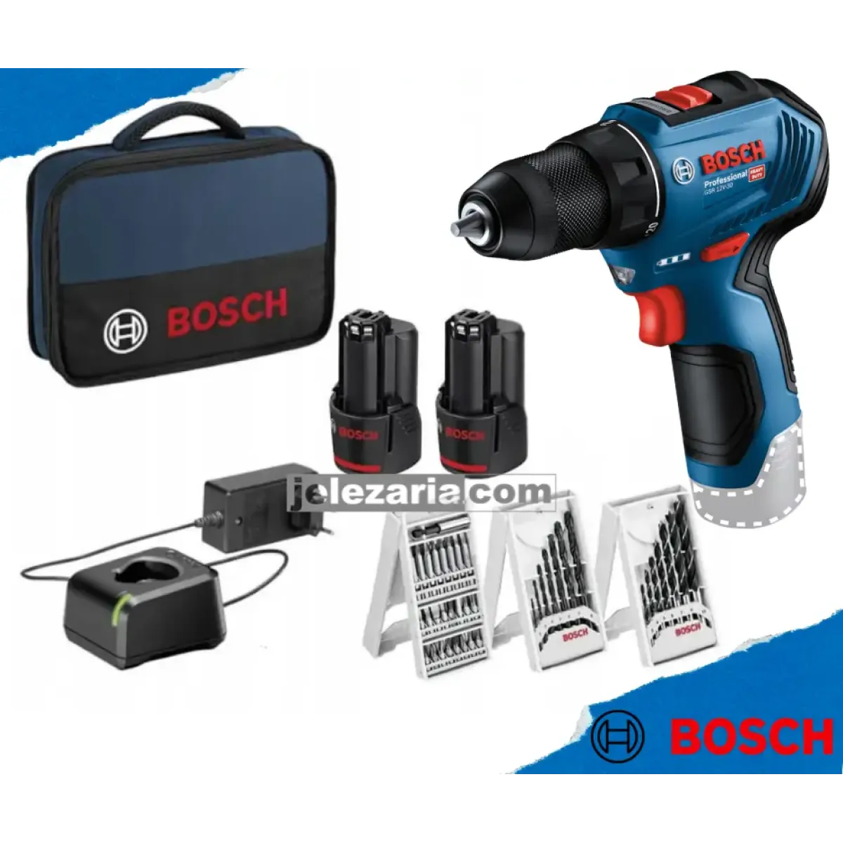 Акумулаторен винтоверт, Bosch GSR 12V-30 + 39 бр. консумативи 06019G9001