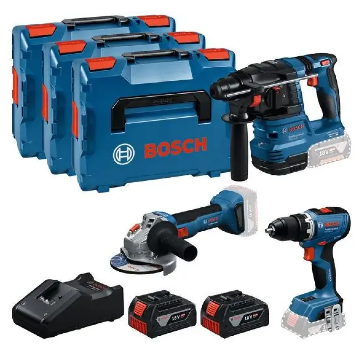 Комплект акумулаторни инструменти Bosch GWS 18V-8, GBH 18V-22 и GSR 18V-65, с 2 бр батерии 18 V, 5 Ah, зарядно и 3 куфара
