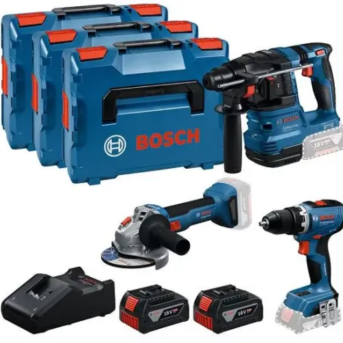 Комплект акумулаторни инструменти Bosch GWS 18V-8, GBH 18V-22 и GSR 18V-65, с 2 бр батерии 18 V, 5 Ah, зарядно и 3 куфара
