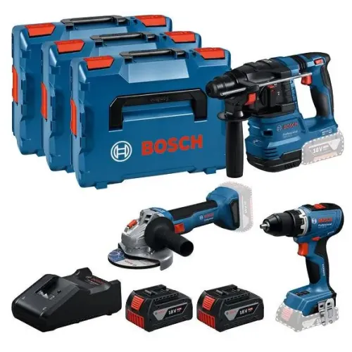 Комплект акумулаторни инструменти Bosch GWS 18V-8, GBH 18V-22 и GSR 18V-65, с 2 бр батерии 18 V, 5 Ah, зарядно и 3 куфара