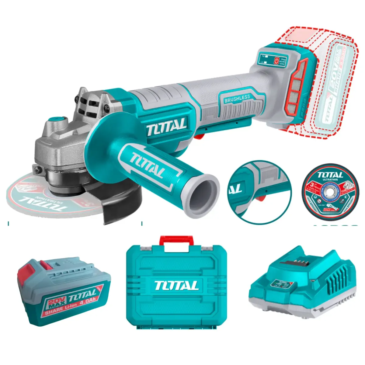 Акумулаторен безчетков ъглошлайф TOTAL IND, 20 V / 2 x 4 Ah, Ø 125 mm TAGLI2012582