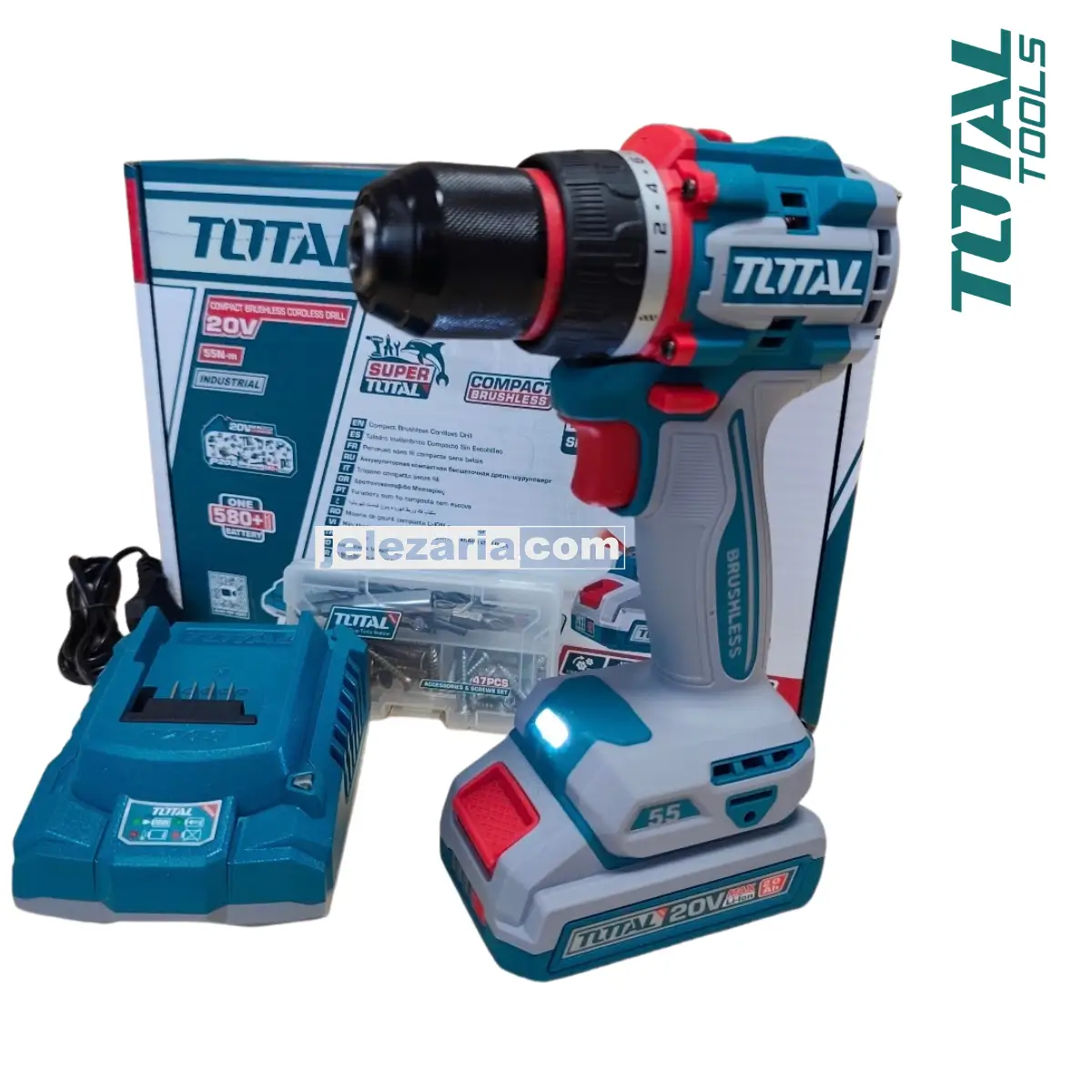 Акумулаторен безчетков винтоверт TOTAL TDLI205582E, 20 V, 55 Nm, батерия 2 Ah + аксесоари