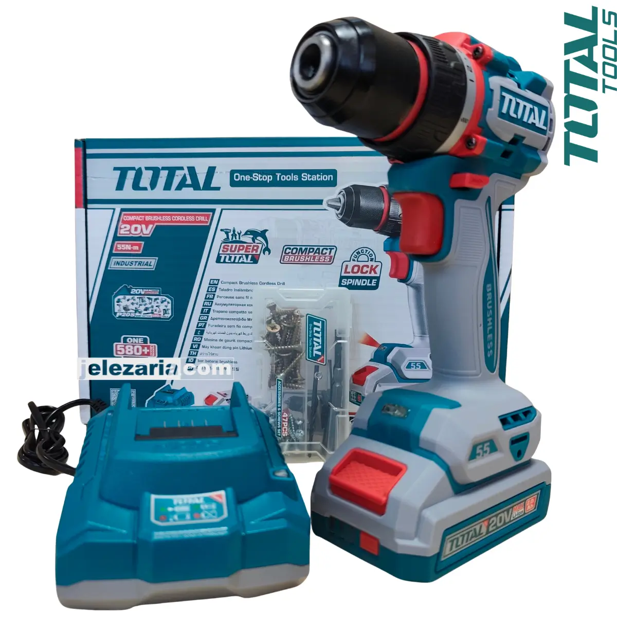 Акумулаторен безчетков винтоверт TOTAL TDLI205582E, 20 V, 55 Nm, батерия 2 Ah + аксесоари