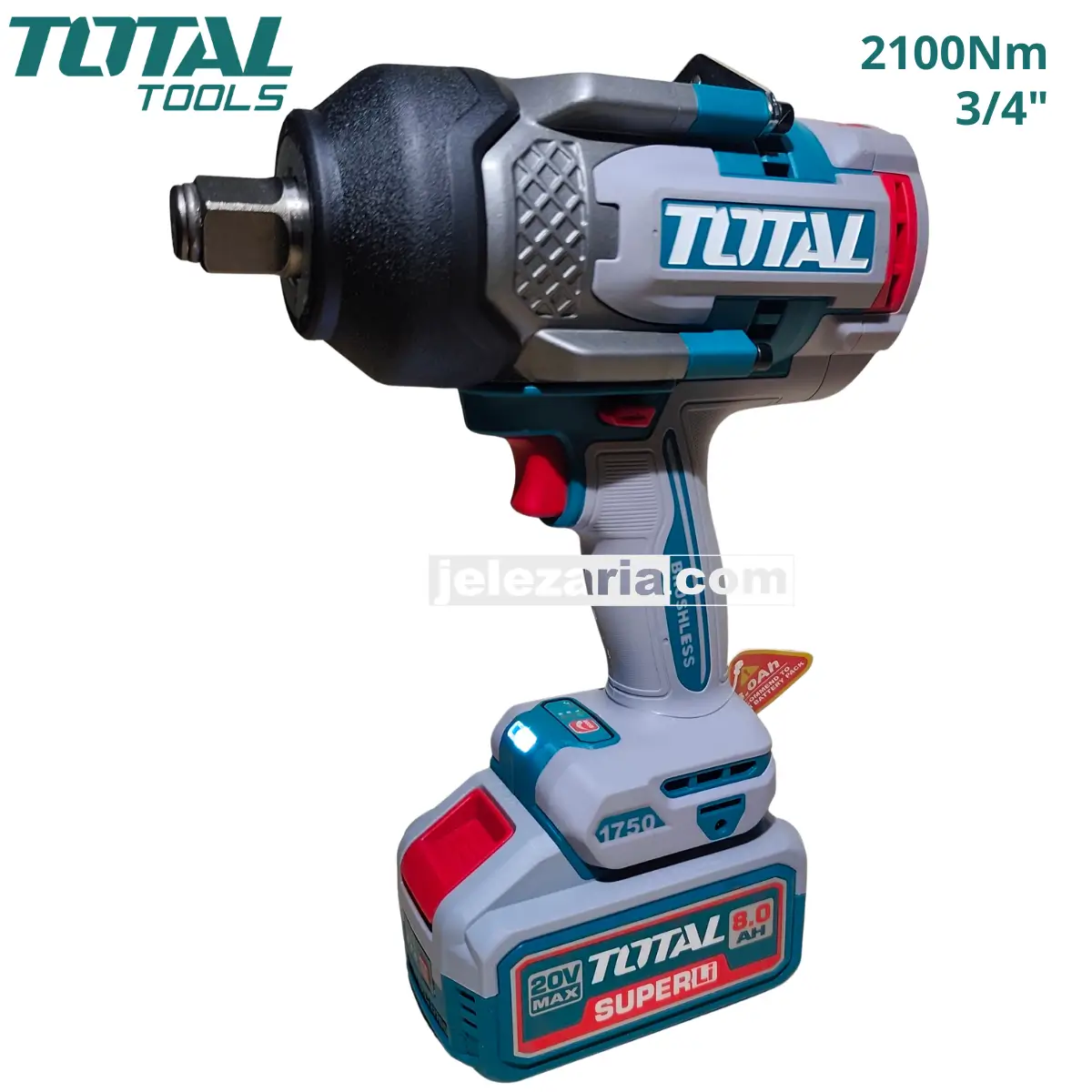 Акумулаторен ударен безчетков гайковерт TOTAL INDUSTRIAL, 3/4, 20 V, 2 x 8.0 Ah