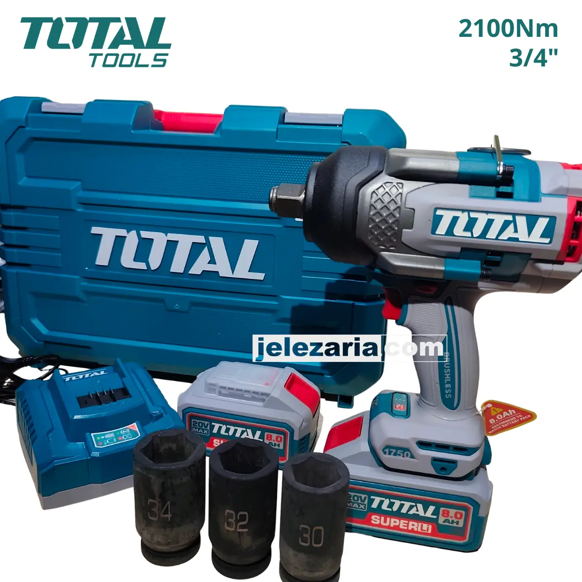 Акумулаторен ударен безчетков гайковерт TOTAL INDUSTRIAL, 3/4, 20 V, 2 x 8.0 Ah