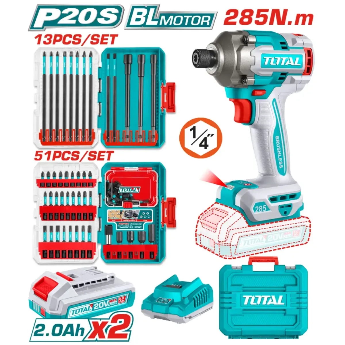 Акумулаторен импакт TOTAL INDUSTRIAL, 1/4", 20 V, 285 Nm, 2 x 2 Ah + битове