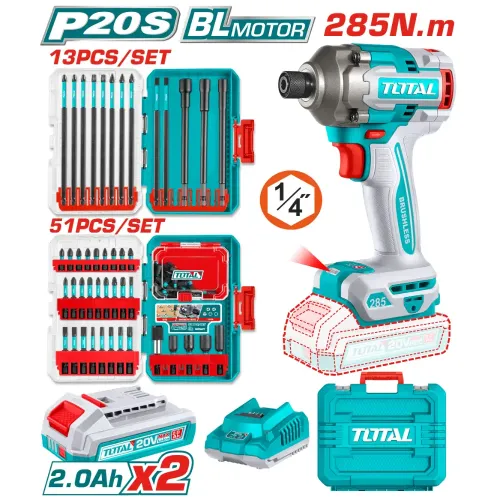 Акумулаторен импакт TOTAL INDUSTRIAL, 1/4", 20 V, 285 Nm, 2 x 2 Ah + битове