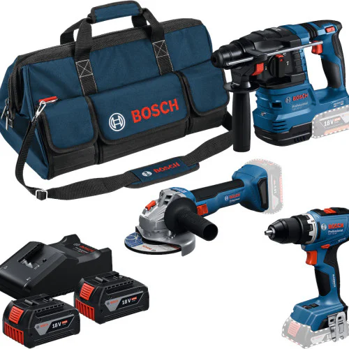Акумулаторен комплект Bosch перфоратор GBH 18V-22 + ъглошлайф GWS 18V-8 + винтоверт Bosch GSR 18V-65 с 2 батерии 18 V 4.0 Ah, зарядно + чанта