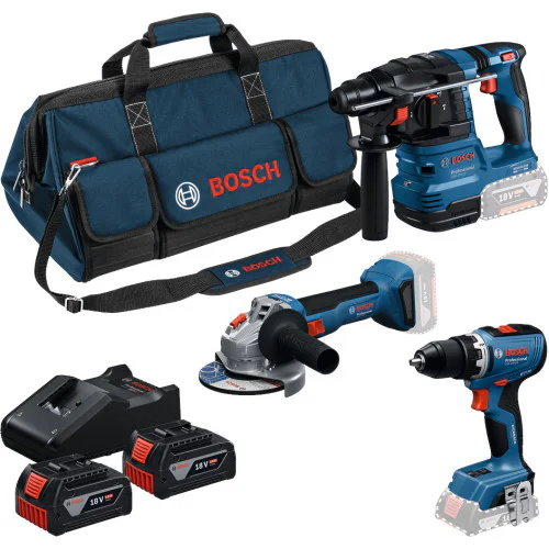 Акумулаторен комплект Bosch перфоратор GBH 18V-22 + ъглошлайф GWS 18V-8 + винтоверт Bosch GSR 18V-65 с 2 батерии 18 V 4.0 Ah, зарядно + чанта