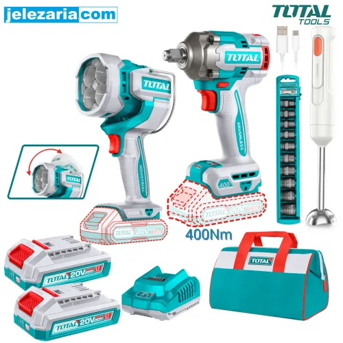 Акумулаторен комплект гайковерт и лампа TOTAL TOSLI240961E, 20 V, 2 x 2 Ah с пасатор