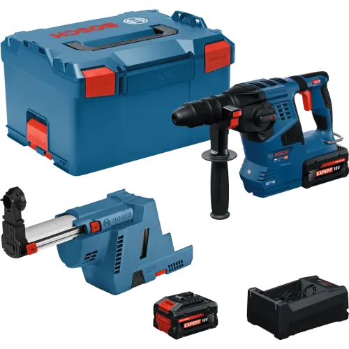 Акумулаторен перфоратор Bosch GBH 18V-28F, SDS-plus, 3.3J, с прахоулавяне GDE 18V-16, 2x EXBA18V-80, в L-Boxx