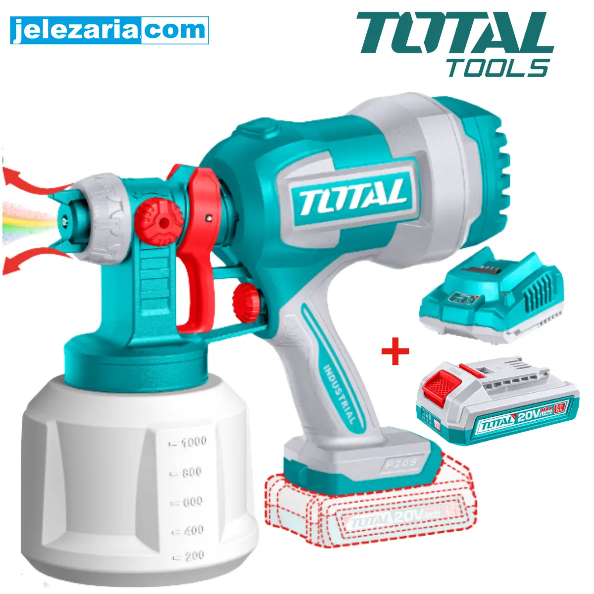 Акумулаторен пистолет за боядисване TOTAL, 20 V, 1000ml 1 x 2 Ah TSGLI20042E