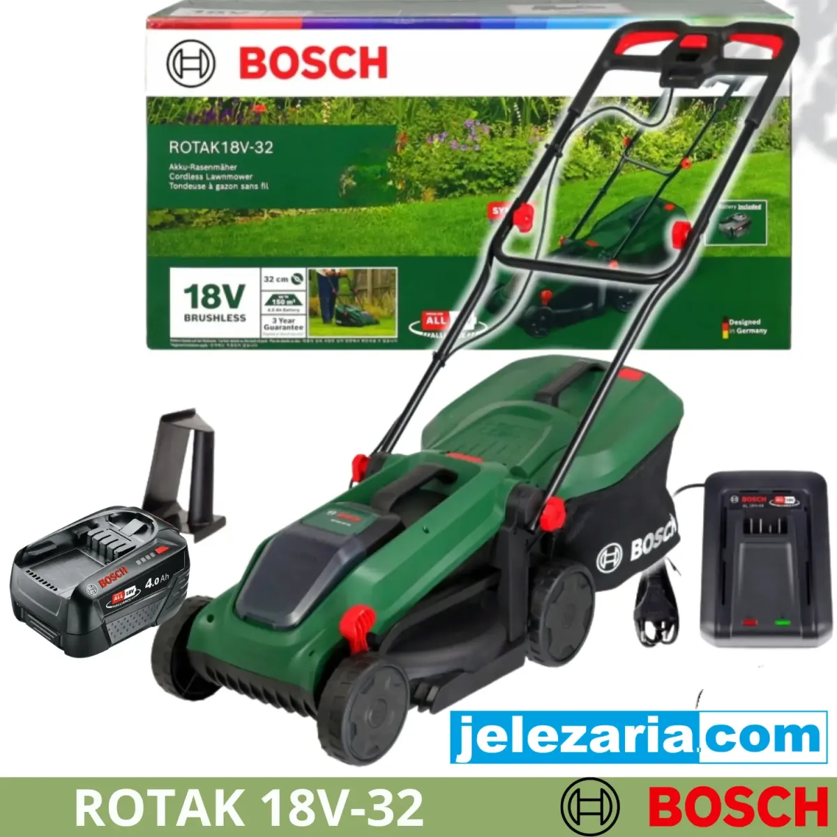 Акумулаторна косачка Bosch ROTAK 18V-32, 18 V, 4Ah, 32 см, 150 м², 35 л, с батерия 4Ah и зарядно
