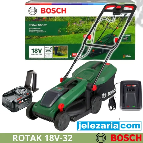 Акумулаторна косачка Bosch ROTAK 18V-32, 18 V, 4Ah, 32 см, 150 м², 35 л, с батерия 4Ah и зарядно