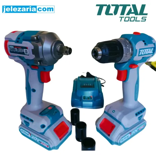 Комплект акумулаторни винтоверт и ударен гайковерт TOTAL Industrial, 20 V, 2 Ah