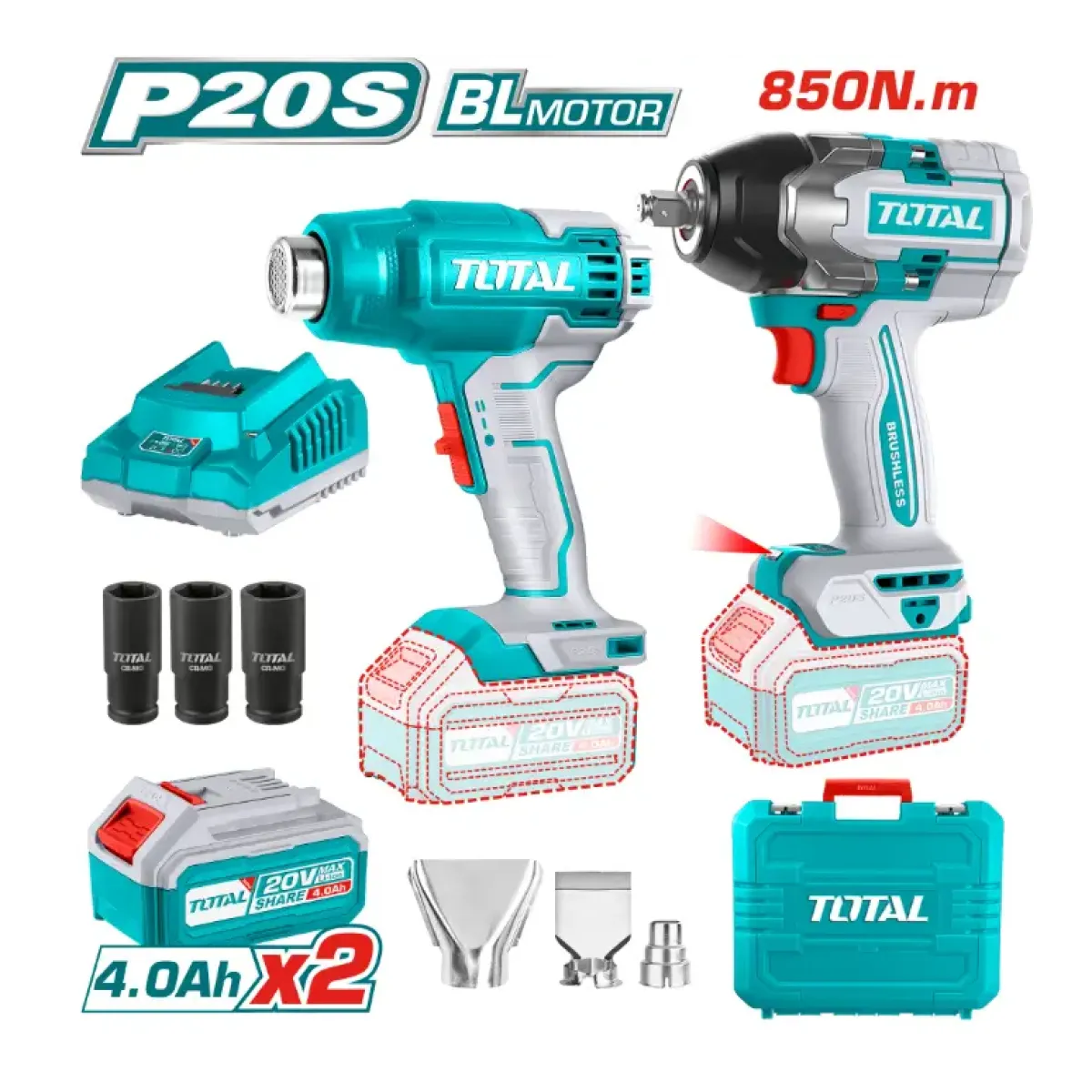 Aкумулаторен ударен гайковерт TIWLI2085 и пистолет за горещ въздух TBLI2002 Комплект TOTAL