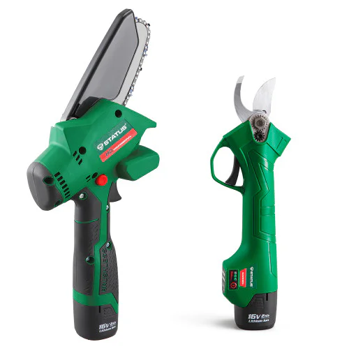 Комплект aкумулаторен верижен трион и градинска ножица STATUS SCB100-16KIT, 120 мм, с 2 броя батерии 16 V 2,0 Ah