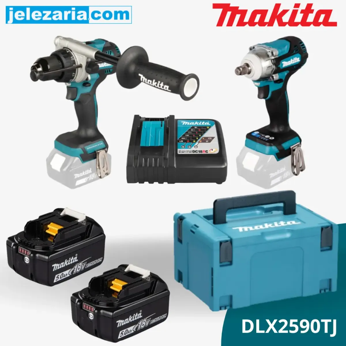 Комплект акумулаторен винтоверт Makita DHP492, Гайковерт Makita DTW300 18 V, с 2 бат 5 Ah, зарядно и куфар - DLX2590TJ