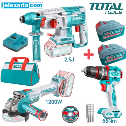 Комплект акумулаторни инструменти перфоратор, винтоверт и ъглошлайф TOTAL TOSLI2402028 2бр батерии 20V, 2 x 4Ah