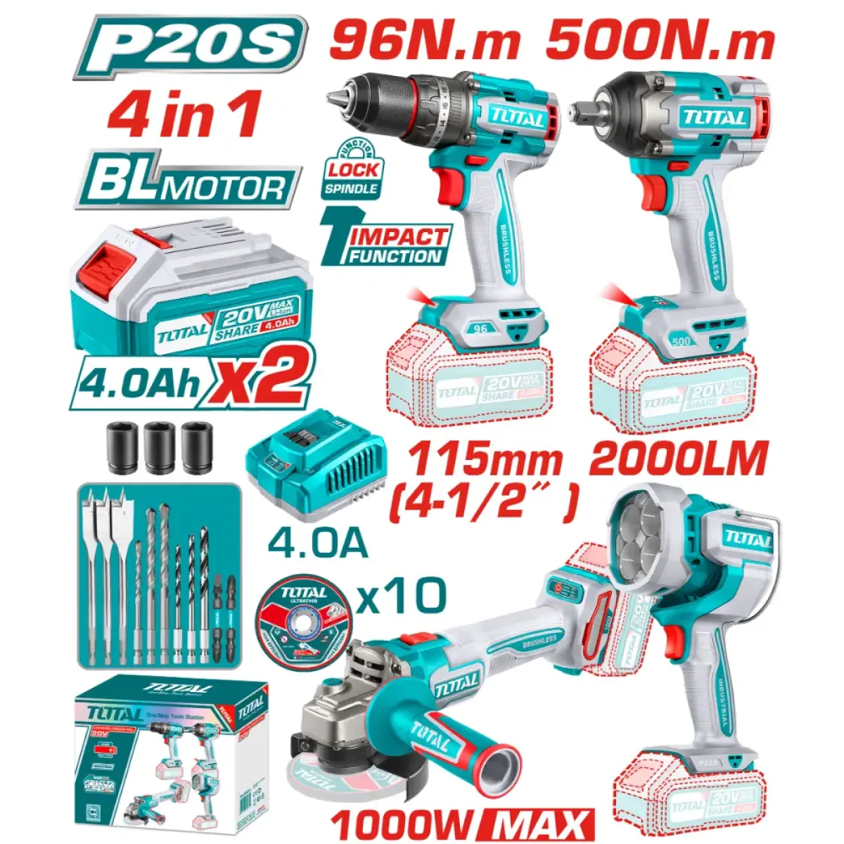 Комплект акумулаторни инструменти TOTAL TOSLI241292E, 4в1, 20 V, 2 x 4 Ah