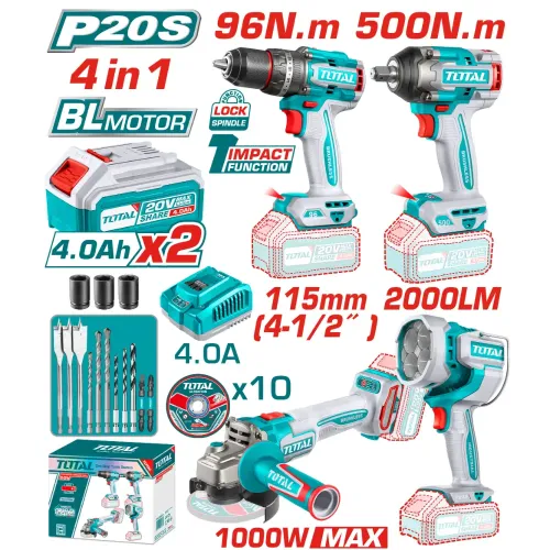 Комплект акумулаторни инструменти TOTAL TOSLI241292E, 4в1, 20 V, 2 x 4 Ah