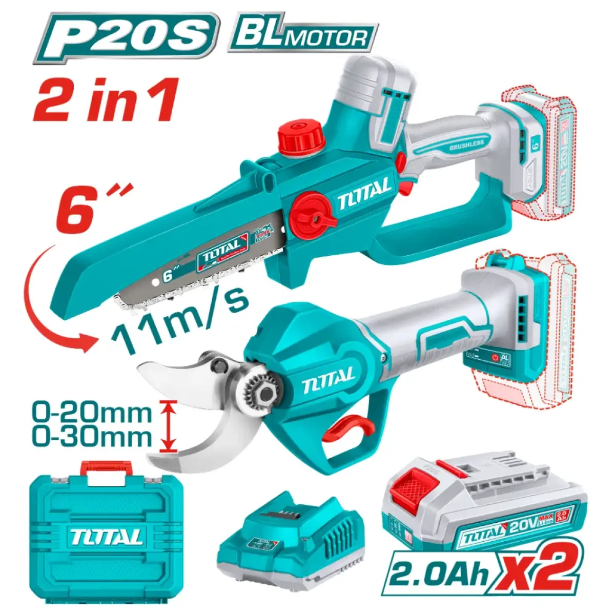 Комплект акумулаторни верижен трион и ножица TOTAL TOSLI250795E, 20 V, 2 x 2 Ah