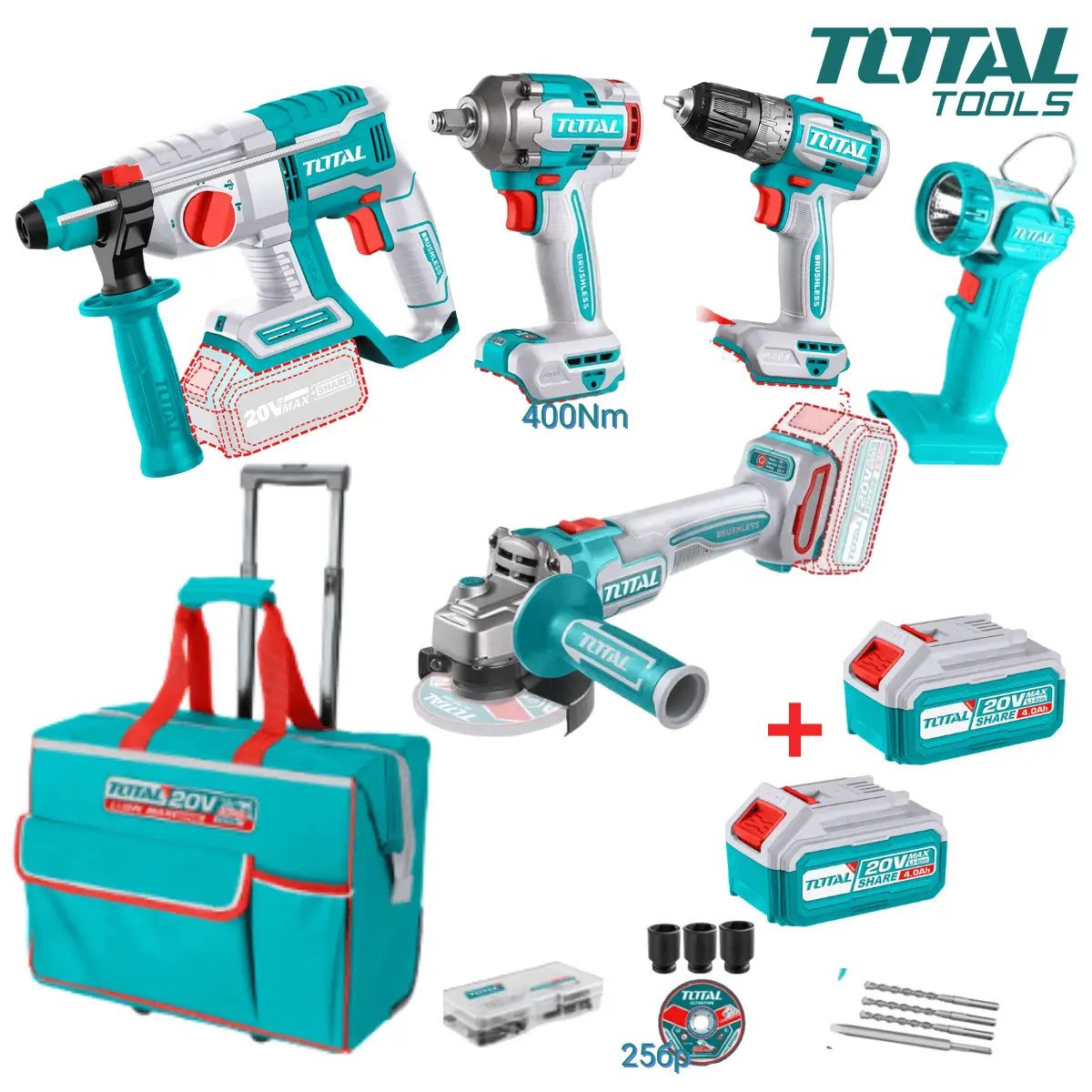 Комплект акумулаторни инструменти TOTAL INDUSTRIAL, 2 батерии x 20 V, 4 Ah TCKLI2058