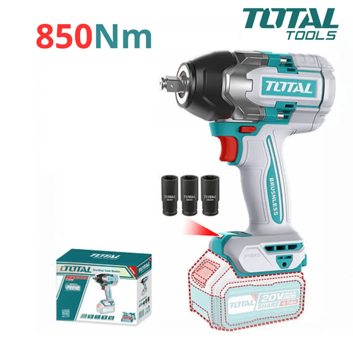 Акумулаторен ударен безчетков гайковерт TOTAL INDUSTRIAL, 20 V соло TIWLI20851