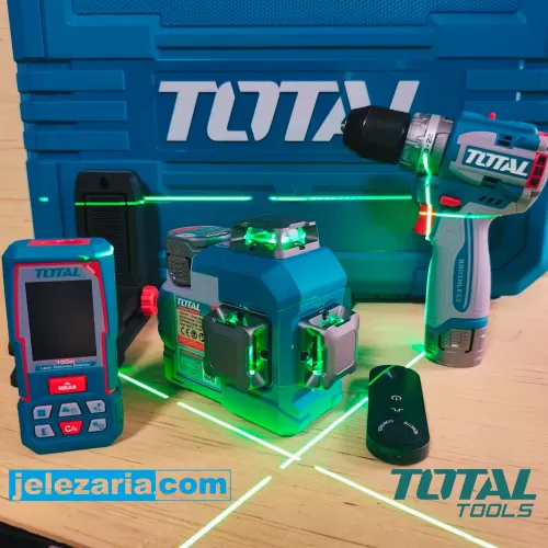 Акумулаторен комплект ударен винтоверт, лазерен нивелир и лазерна ролетка Total, 16 V, 2 x 2 Ah 