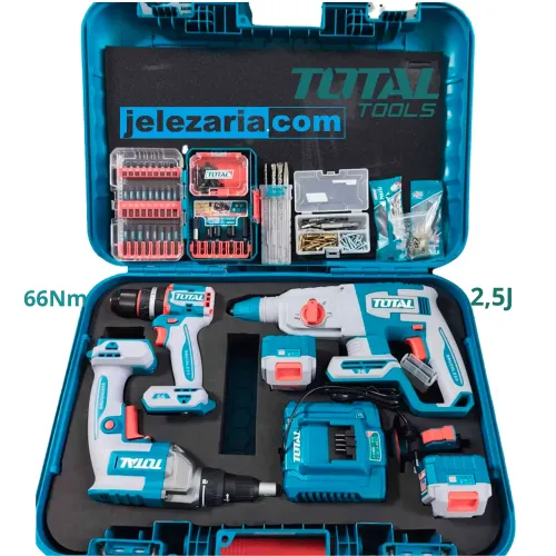 Комплект акумулаторни инструменти винтоверт за гипскартон, винтоверт и ъглошлайф TOTAL TOSLI250591E 2бр батерии 20V - 4Ah