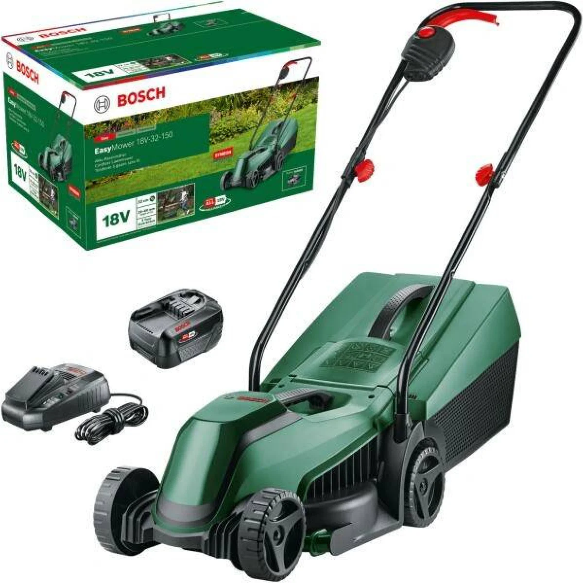 Акумулаторна косачка Bosch EasyMower 18V-32-150 с 1 батерия PBA 18V 3.0 W-C и зарядно, до 150 m² 06008B9D04