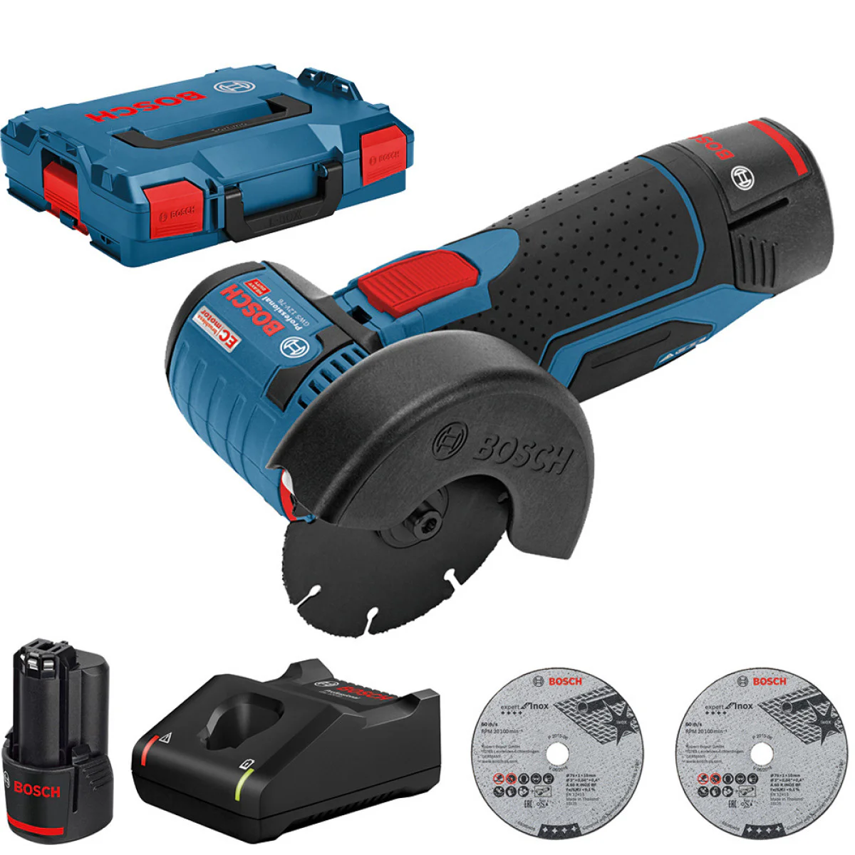 Акумулаторен ъглошлайф Bosch GWS 12V-76 с 2бр x акумулаторна батерия GBA 12V 3.0Ah 06019F200B