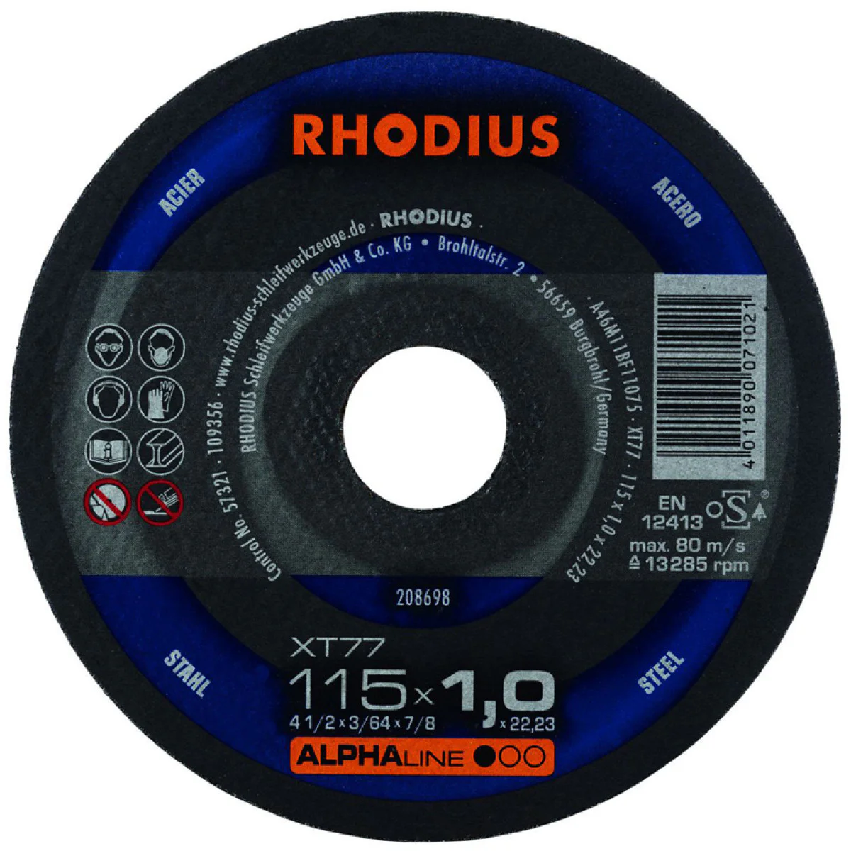 Диск карбофлексен за рязане на метал ф115х1.0х22.23 мм, XT77 , Rhodius Alpha line XT77 208698