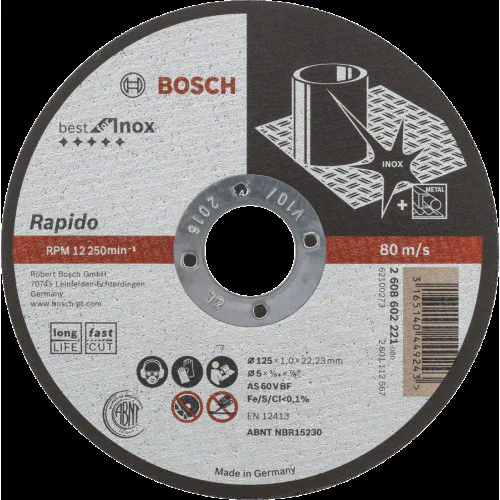 25бр, Диск за рязане, прав, Best for Inox - Rapido Long Life, AS 60 V BF 41, 125 mm, 22,23 mm, 1,0 mm , Bosch