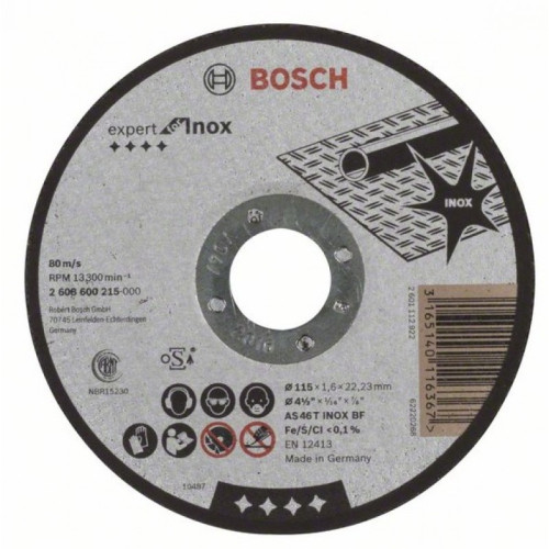 Диск за рязане, прав, Expert for Inox AS 46 T INOX BF, 115 mm, 1,6 mm, Bosch