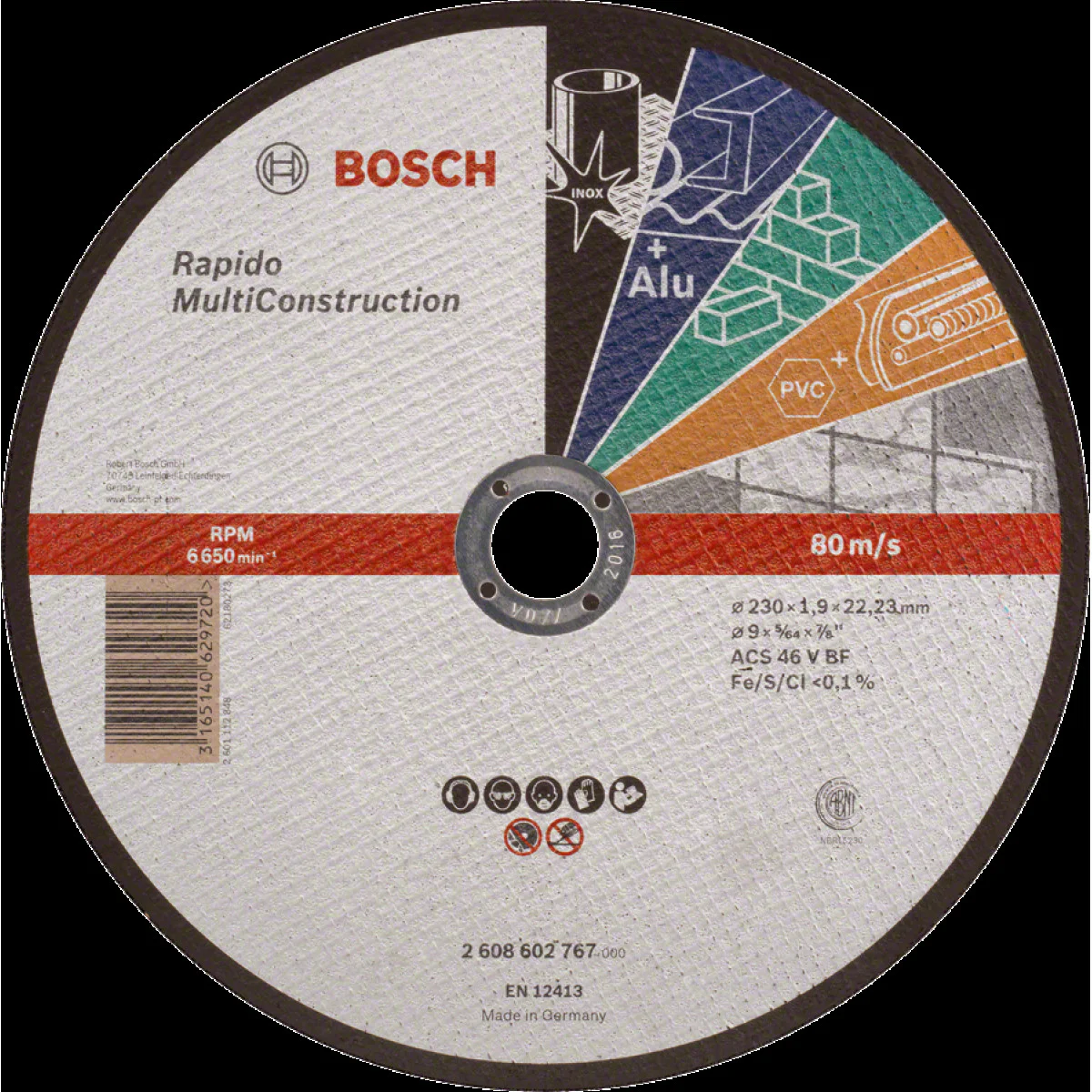 Диск за рязане, прав, Rapido Multi Construction, ACS 46 V BF, 230 mm, 1,9 mm, Bosch 2608602767 Диск за рязане, прав, Rapido Multi Construction, ACS 46 V BF, 230 mm, 1,9 mm, Bosch 2608602767