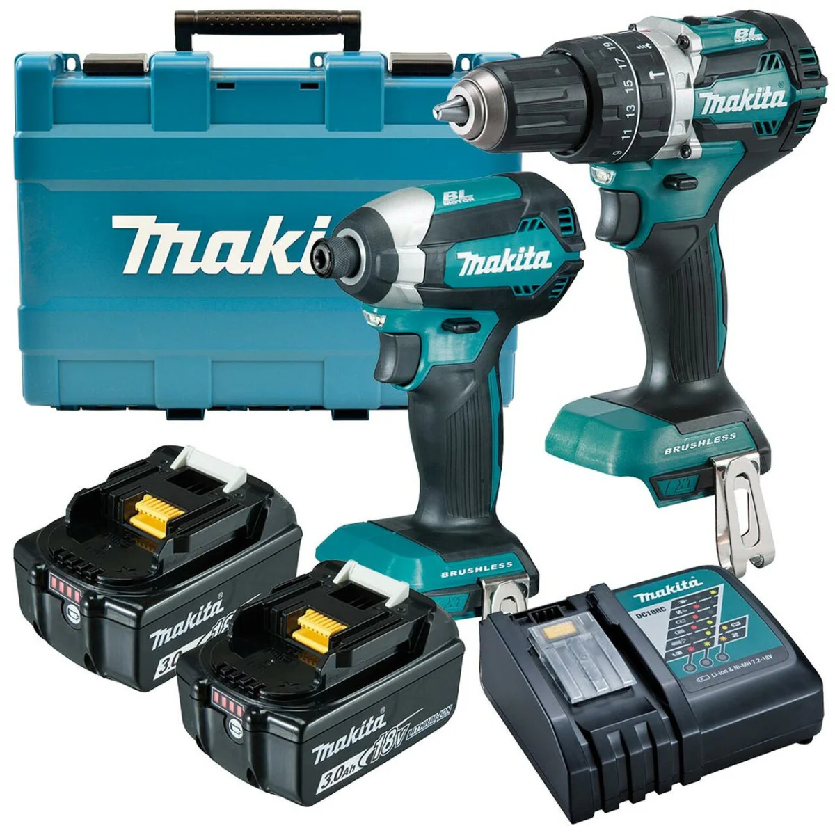Акумулаторен комплект Makita DLX2180X - винтоверт DHP484Z и гайковерт DTD153Z, зарядно и батерии DLX2180X