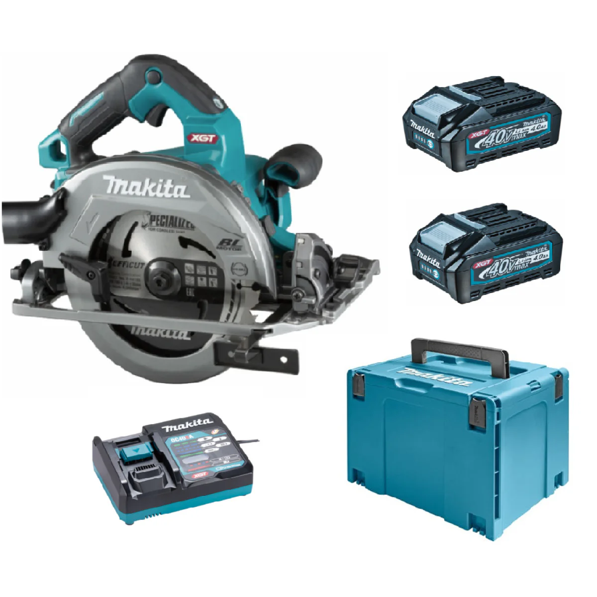 Акумулаторен ръчен циркуляр Makita HS004GM202, XGT, 190 мм, 40 V, 4 Ah, с 2 батерии и зарядно HS004GM202