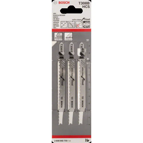 Нож за прободен трион чист сряз, Bosch T 308 B - 3бр