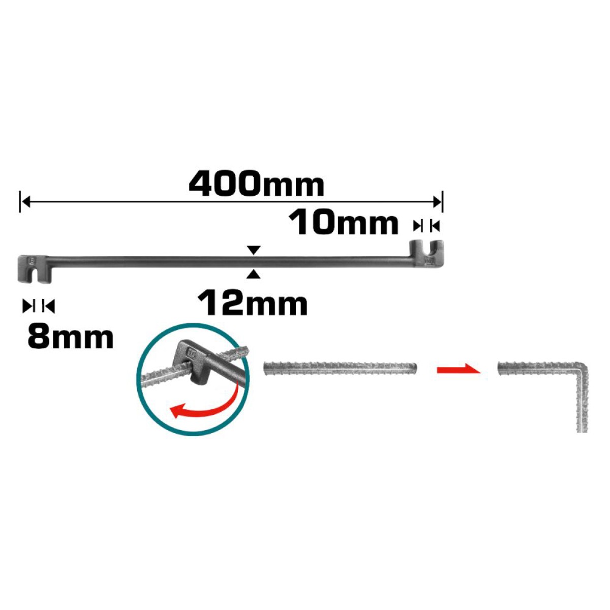 Ключ за огъване на арматура - ръчен бендер, TOTAL, 8-10 x 400 мм