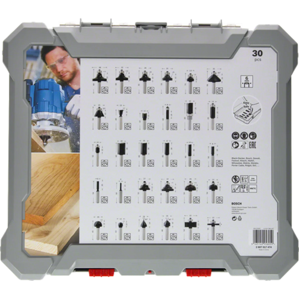 Комплект фрезери за оберфреза, 30 части, смесени, 8 mm опашка, Bosch 2607017475