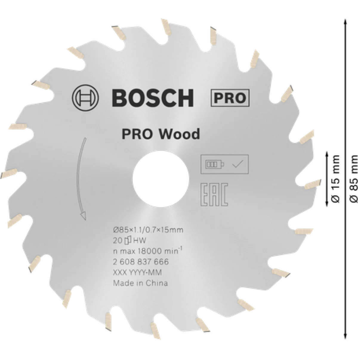 Диск за акумулаторни циркулярни триони 85 x 1,1/0,7 x 15 T20 Standard for Wood Bosch 2608837666