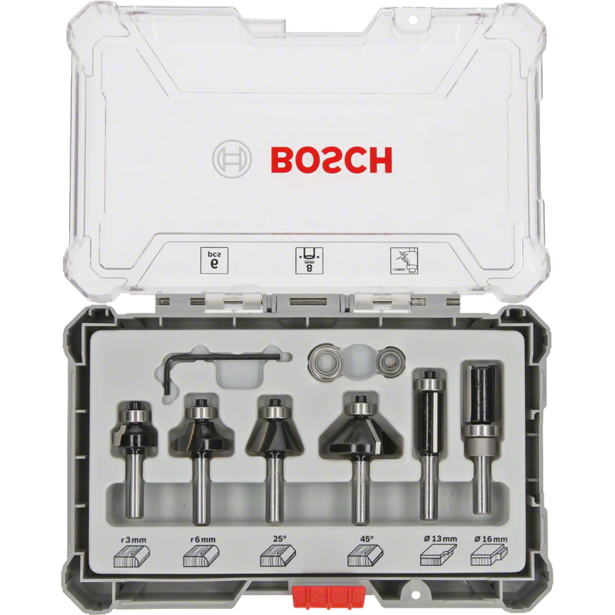 Фрезери комплект за оберфреза, 6 части, 8mm опашка, Bosch 2607017469