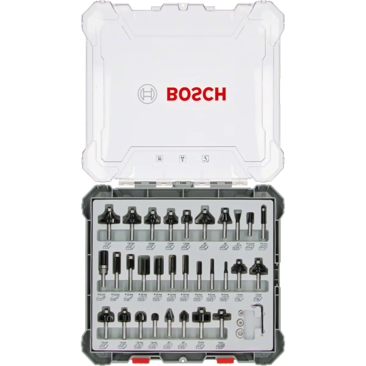Комплект фрезери за оберфреза, 30 части, смесени, 8 mm опашка, Bosch 2607017475