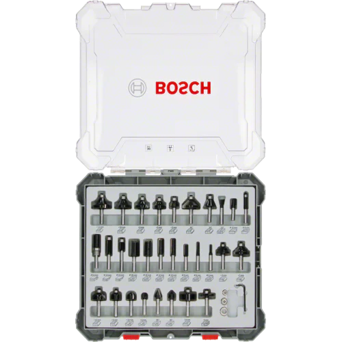 Комплект фрезери за оберфреза, 30 части, смесени, 8 mm опашка, Bosch