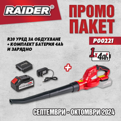 Акумулаторна въздуходувка Raider RDP-YBL20 + 1 батерия 20 V 4Ah и зарядно Raider RDP-R20 System